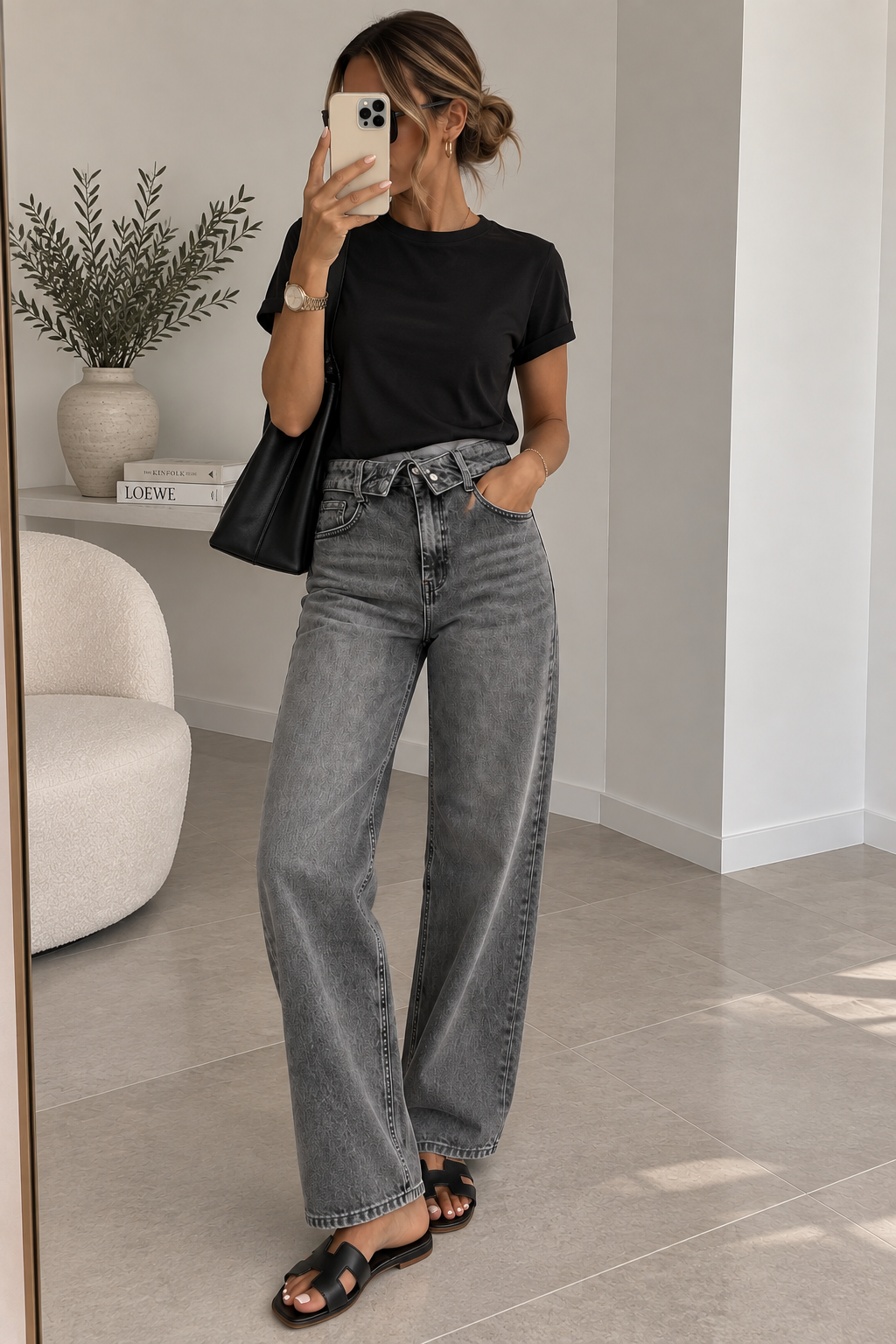Jean taille haute à revers – Gris