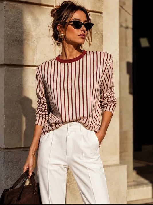 Pull rayé écru & bordeaux
