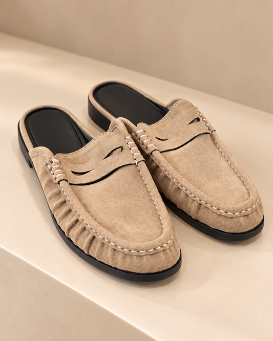 Mules mocassins beige effet tissu