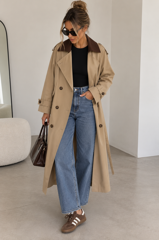 Trench long beige à col contrasté 🤎